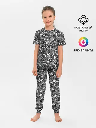 Детская пижама с брюками / Кружевной черно белый узор
