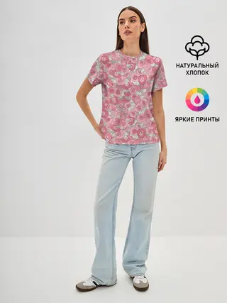 Женская базовая футболка / Нежно коралловые розы
