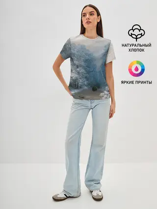 Женская базовая футболка / Зимний пейзаж картина маслом