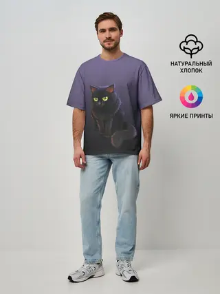 Мужская футболка оверсайз / черный кот на фиолетовом