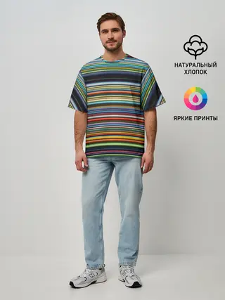 Мужская футболка оверсайз / РАзноцыетные линии полосы хаос