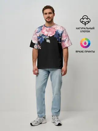 Мужская футболка оверсайз / цветы на черном