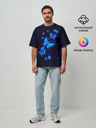 Мужская футболка оверсайз / Неоновые бабочки