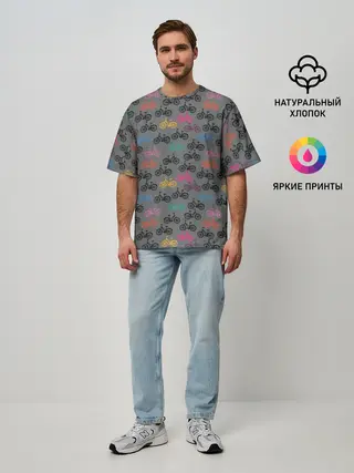 Мужская футболка оверсайз / Цветные велосипеды паттерн