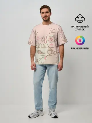 Мужская футболка оверсайз / Летний узор цветы птичка