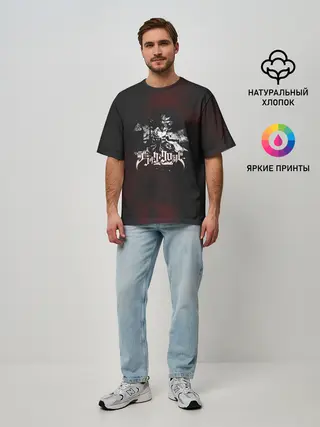 Мужская футболка оверсайз / Аста на темном красном фоне
