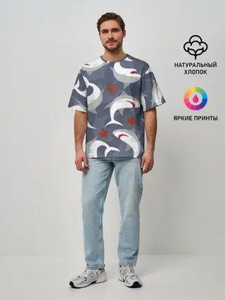 Мужская футболка оверсайз / Акулы