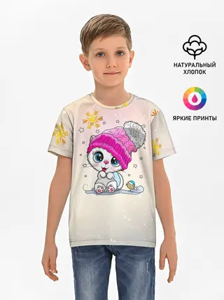Детская базовая футболка / Новогодний кот