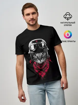 Мужская базовая футболка / КОТИК В ШЛЕМЕ