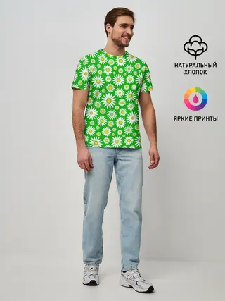 Мужская базовая футболка / Ромашки на зелёном фоне