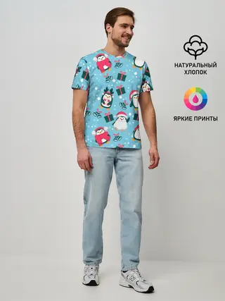 Мужская базовая футболка / Новогодние Пингвины