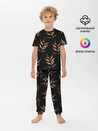 Детская пижама с брюками / Золотисто-красные листья