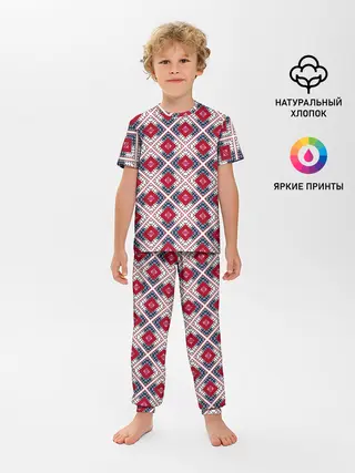 Детская пижама с брюками / Красно-синий плед -клетка