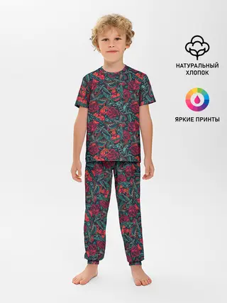 Детская пижама с брюками / Тату узор розы и машинки