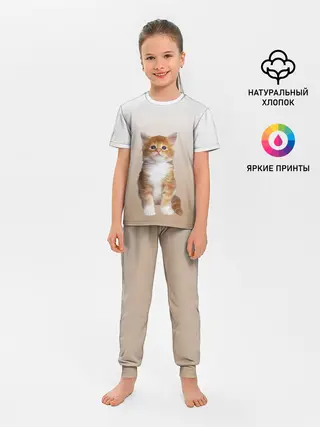 Детская пижама с брюками / бело-рыжий котенок реализм