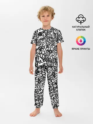 Детская пижама с брюками / Graffiti black on white