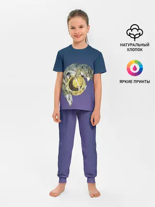 Детская пижама с брюками / волченок на луне рисунок