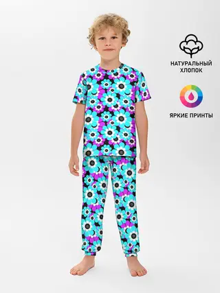 Детская пижама с брюками / Яркие бирюзовые цветы