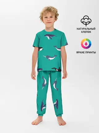 Детская пижама с брюками / Нарвал, киты, касатка паттерн