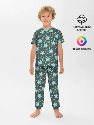 Детская пижама с брюками / Цветочный узор на темном фоне