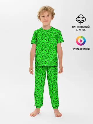 Детская пижама с брюками / Черепа на кислотно-зеленом фоне