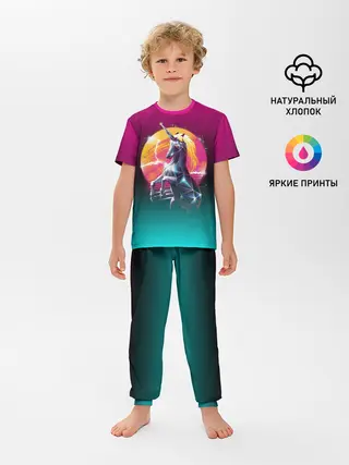 Детская пижама с брюками / РЕТРО ЕДИНОРОГ НЕОН