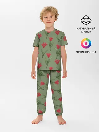 Детская пижама с брюками / Красные тюльпаны на зеленом