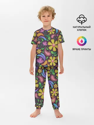 Детская пижама с брюками / летние цветы узор на темном