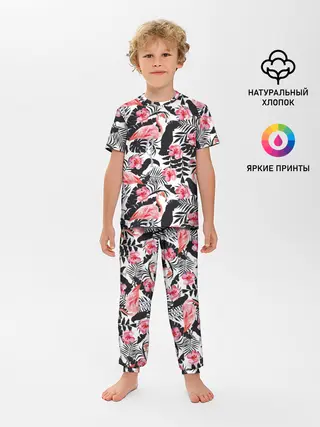 Детская пижама с брюками / фламинго и попугаи