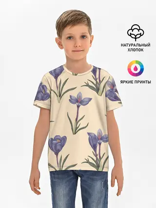 Детская базовая футболка / Цветы шафрана на бежевом фоне