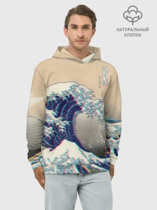 Худи мужской база хлопок / Kanagawa Wave Glitch Art