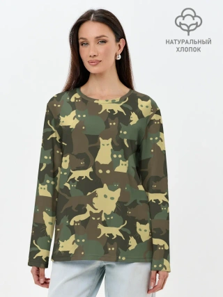Лонгслив женский. Хлопок / Кошачий камуфляж