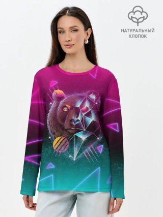 Лонгслив женский. Хлопок / RETRO CYBER BEAR NEON