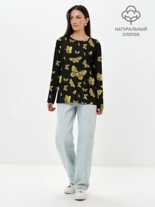 Лонгслив женский. Хлопок / Golden Butterfly pattern