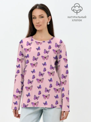 Лонгслив женский. Хлопок / Бабочки фиолетовые | 2