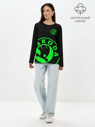 Лонгслив женский. Хлопок / SKODA GREEN LOGO BLACK STYLE
