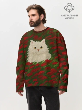Мужской лонгслив оверсайз хлопок / CatRedGreen53637