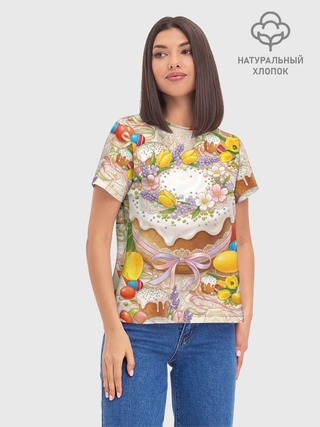 Футболка женская базовая из хлопка / Пасхальный Кулич Couture — Цветочная Выпечка Эстетика