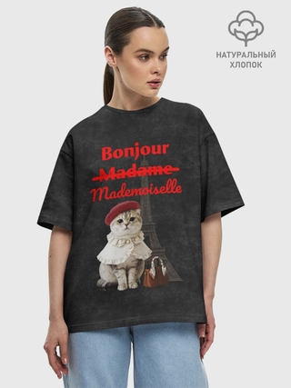 Футболка женская оверсайз из хлопка / Bonjour котик